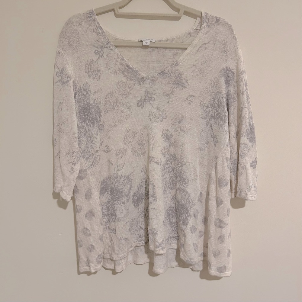 J Jill Pure Women Linen Blend Lightweight Sweater White Gray Floral